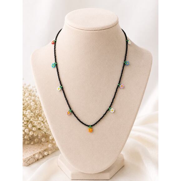 Handmade Jewelry - Handmade Black Beaded Flower Necklace Colorful Daisy Floral Boho Jewelry
